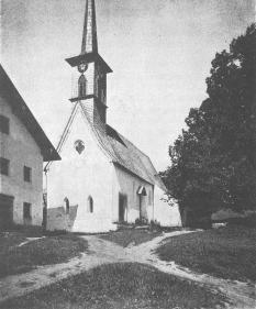 Ansicht der bis 1923 bestehenden Pfarrkirche links im Bild, nach Röttger 1983, 38 Abb. 19; im Bild rechts der Grundriss nach Röttger 1983, 37