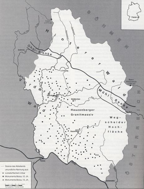 Hauzenberger Granitmassiv und urkundlich erwähnte Siedlungen des 12./13. Jhs., aus: J. B. Haversath, Hoch- und spätmittelalterliche Siedlungen im Bayer. Wald,
Abb. 1.