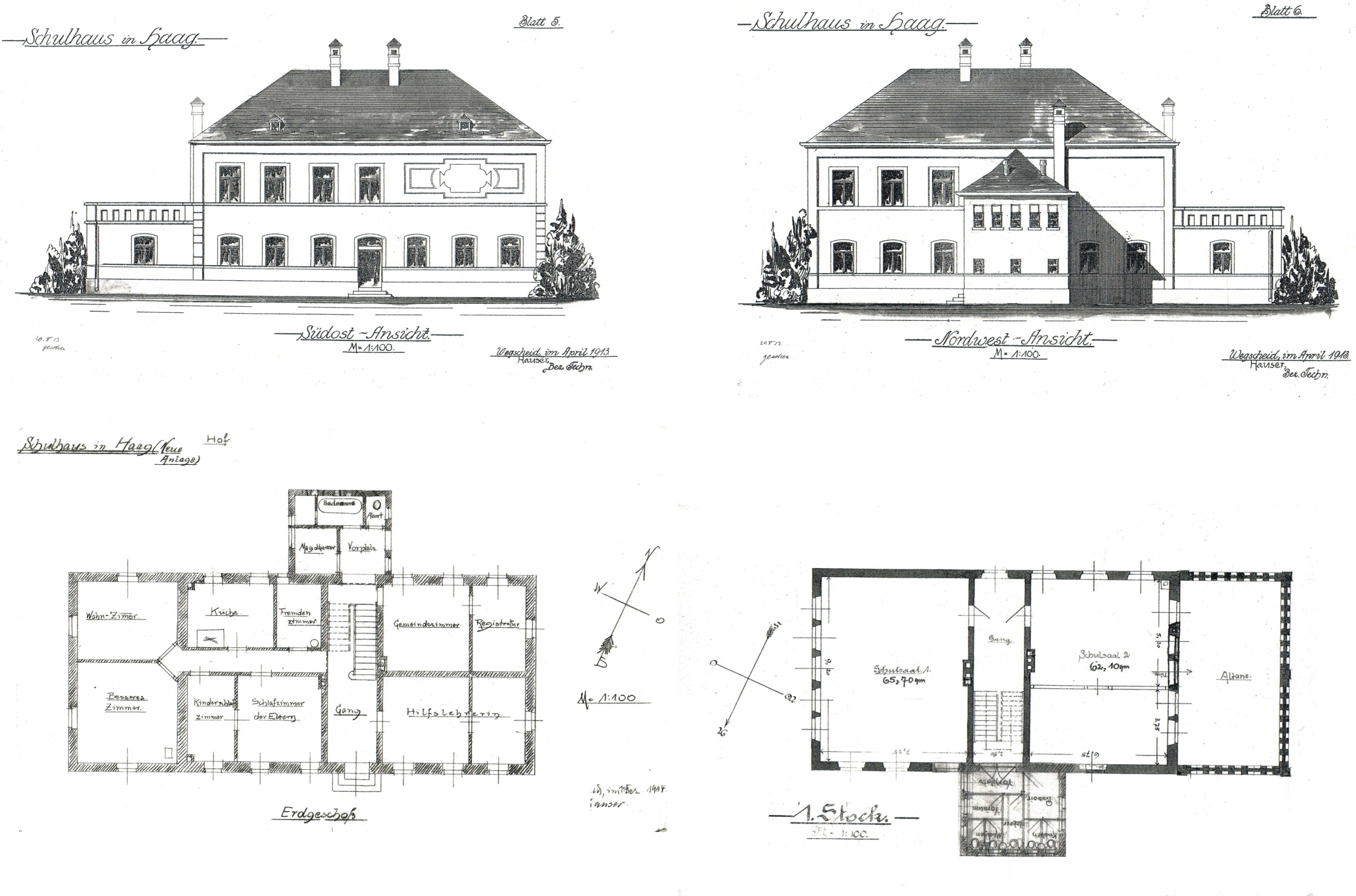 Grundriss und Ansicht der Schule im Jahre 1913, Plan Archiv Schule