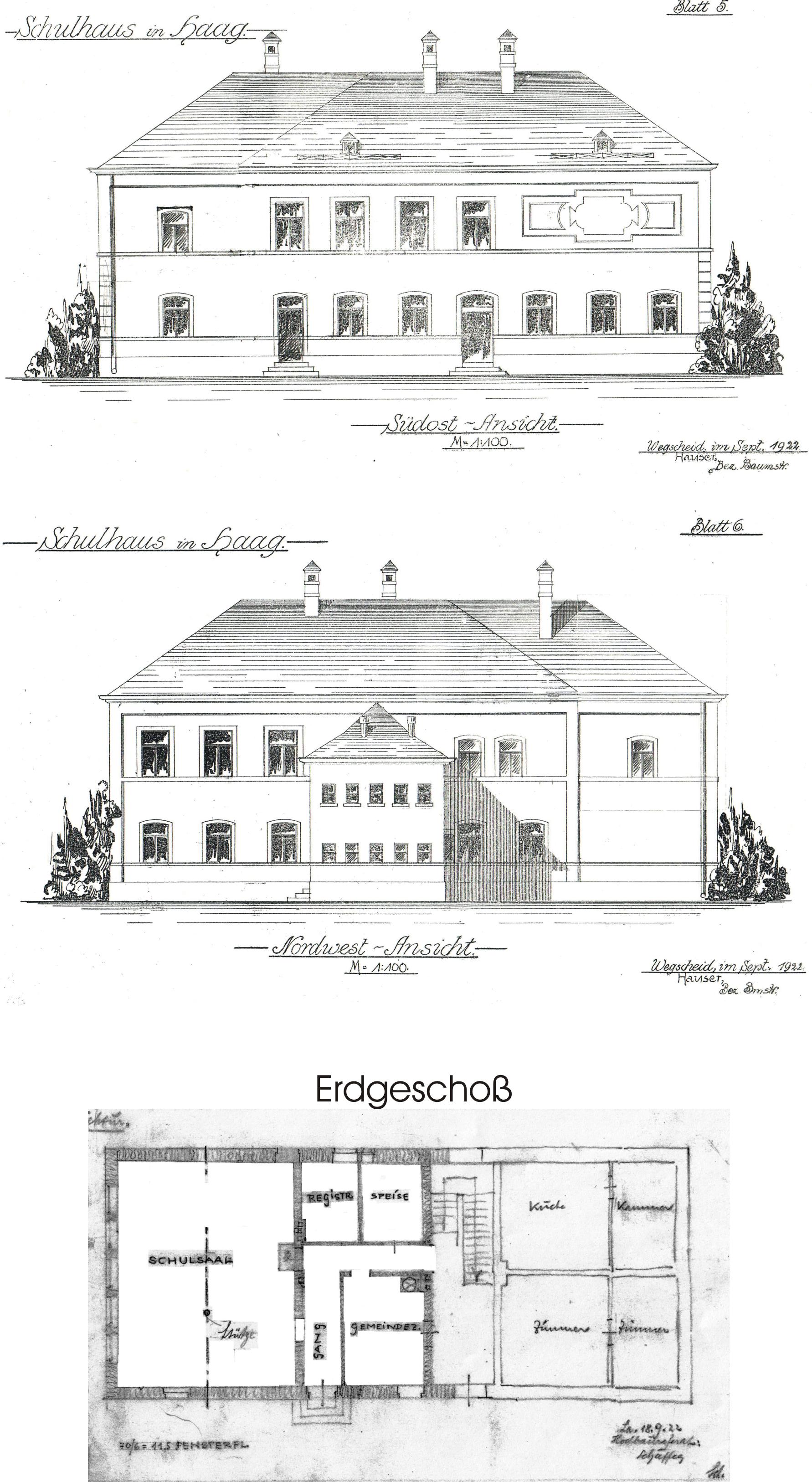 Grundriss und Ansichten der Schule 1922, Plan StAH