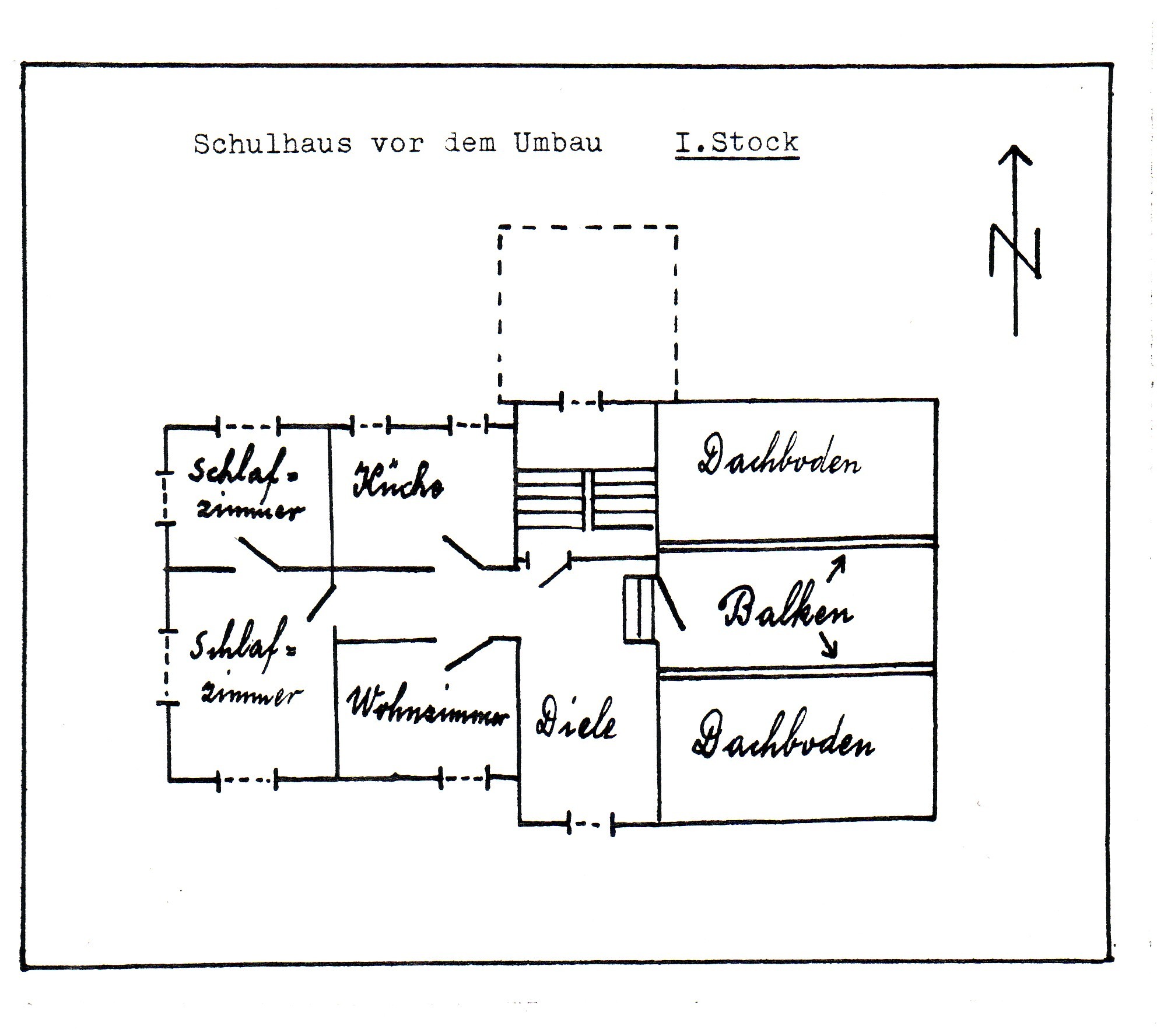 Plan des Schulhauses vor dem Umbau, 1. Stock, Archiv Schule