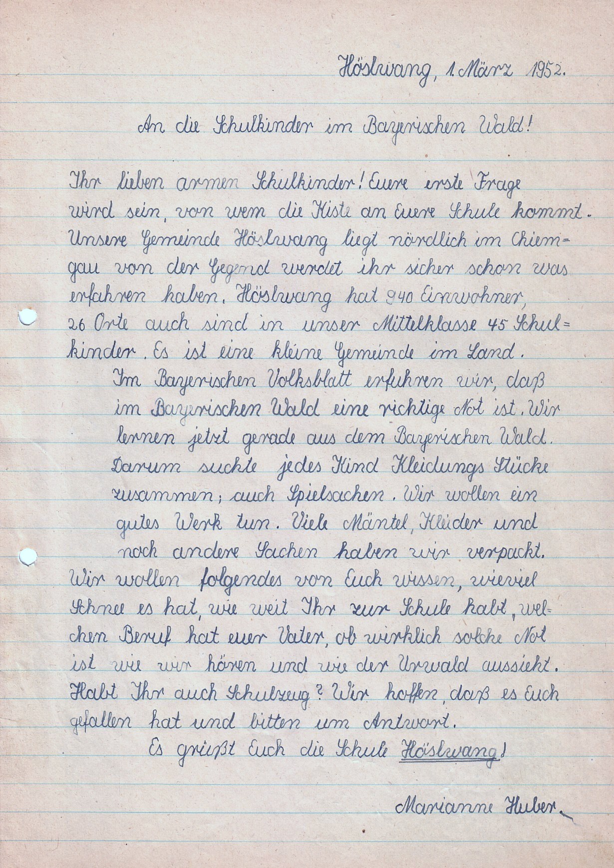 Brief der Schüler von Höslwang, Lkrs. Rosenheim. Archiv Schule