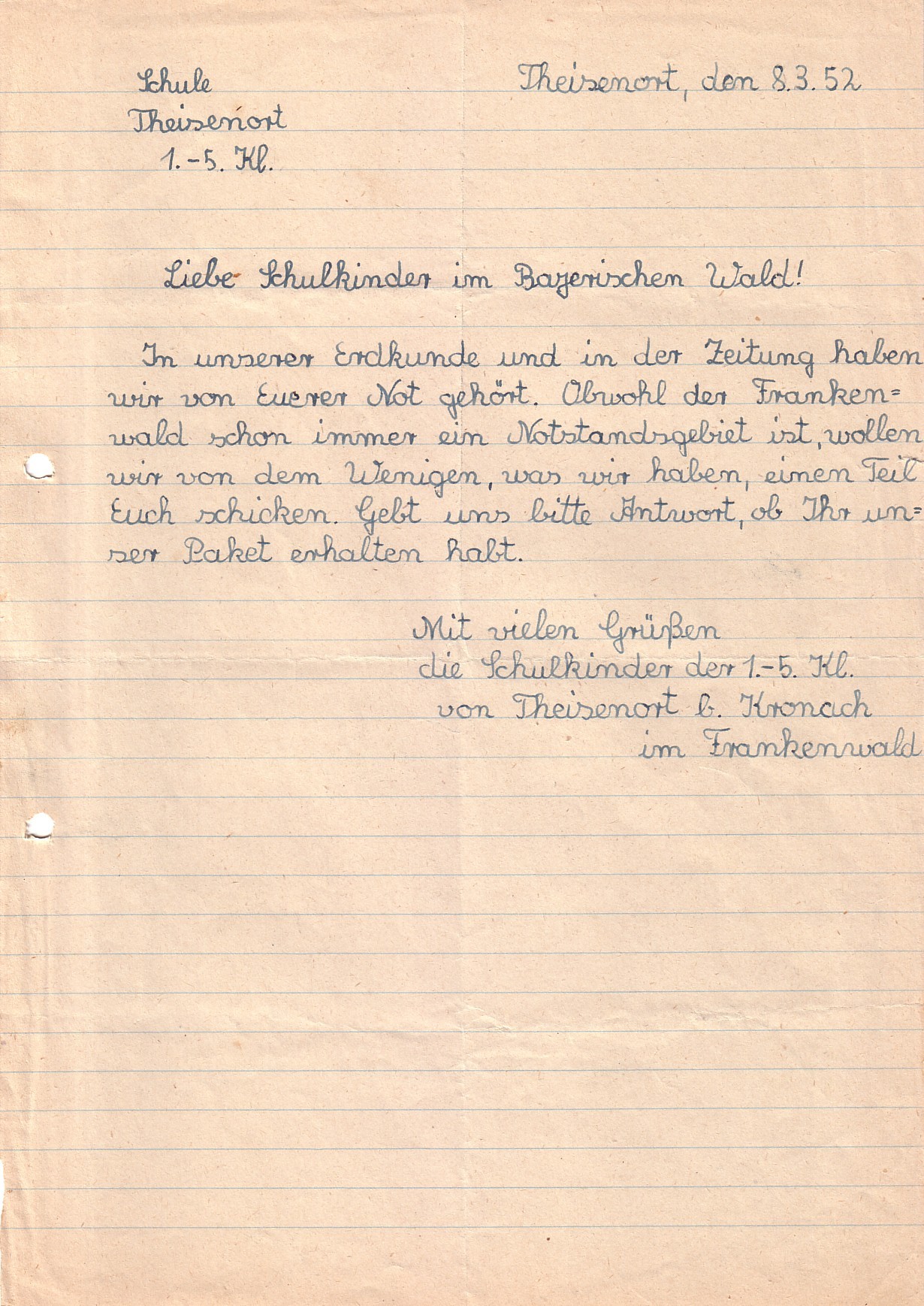 Brief der Schüler von Theisenort, Archiv Schule