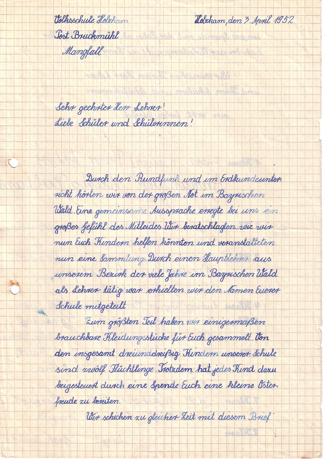 Brief der Schüler aus Holzham, Lkrs.Rosenheim. Archiv Schule
